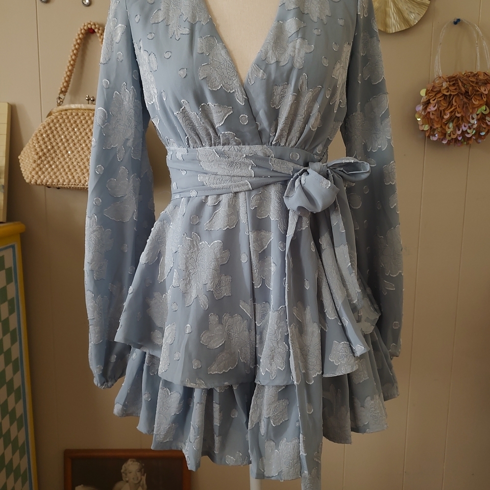 Tiered Romper Dress with Long Sash Belt and Sleeves SZ Small